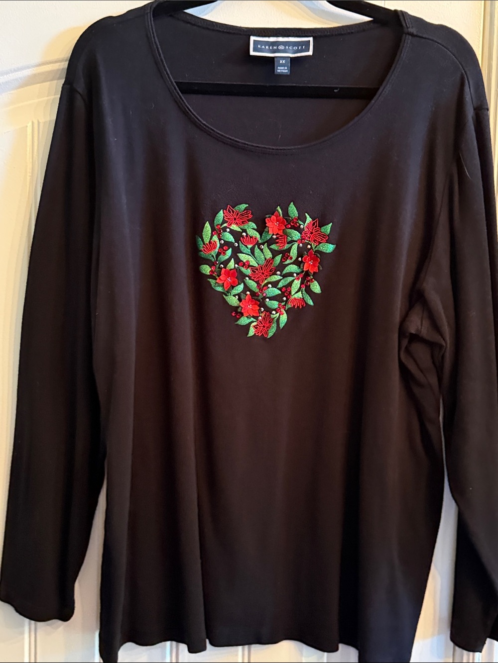 Karen Scott Black Long-Sleeve Top with Red & Green Heart Floral Embroidery